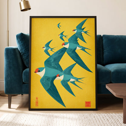 Golden Swallow Flight, gold, blue, beige nature wall art displayed in a styled interior, gallery view 5