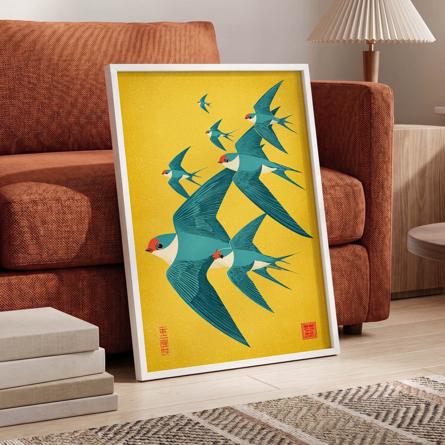 Golden Swallow Flight, gold, blue, beige nature wall art displayed in a styled interior, gallery view 6