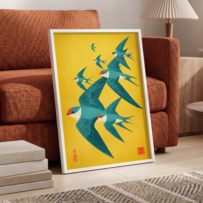 Golden Swallow Flight, gold, blue, beige nature wall art displayed in a styled interior, gallery view 6