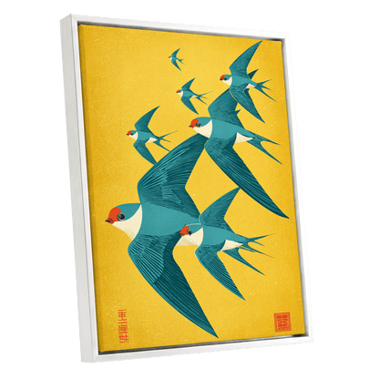 Golden Swallow Flight, gold, blue, beige nature wall art shown as a white framed canvas wall art