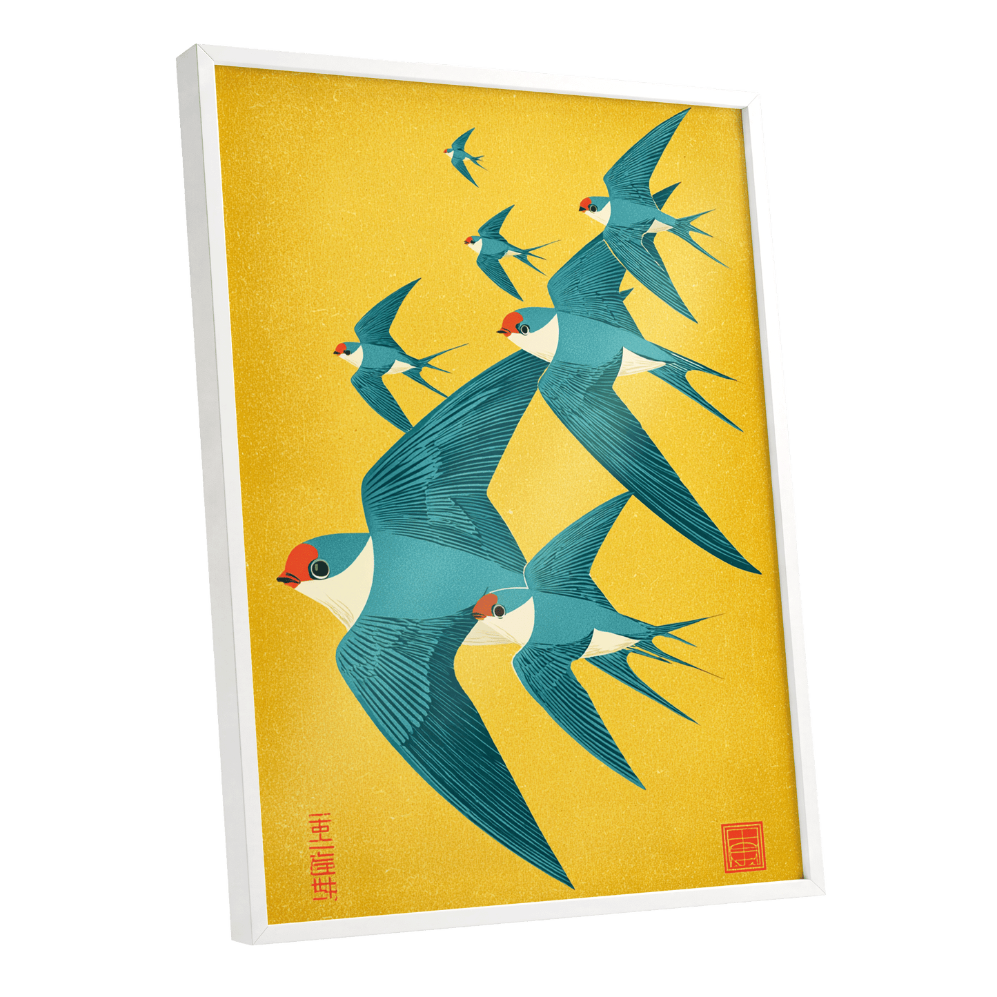 Golden Swallow Flight, gold, blue, beige nature wall art shown as a white framed poster wall art print