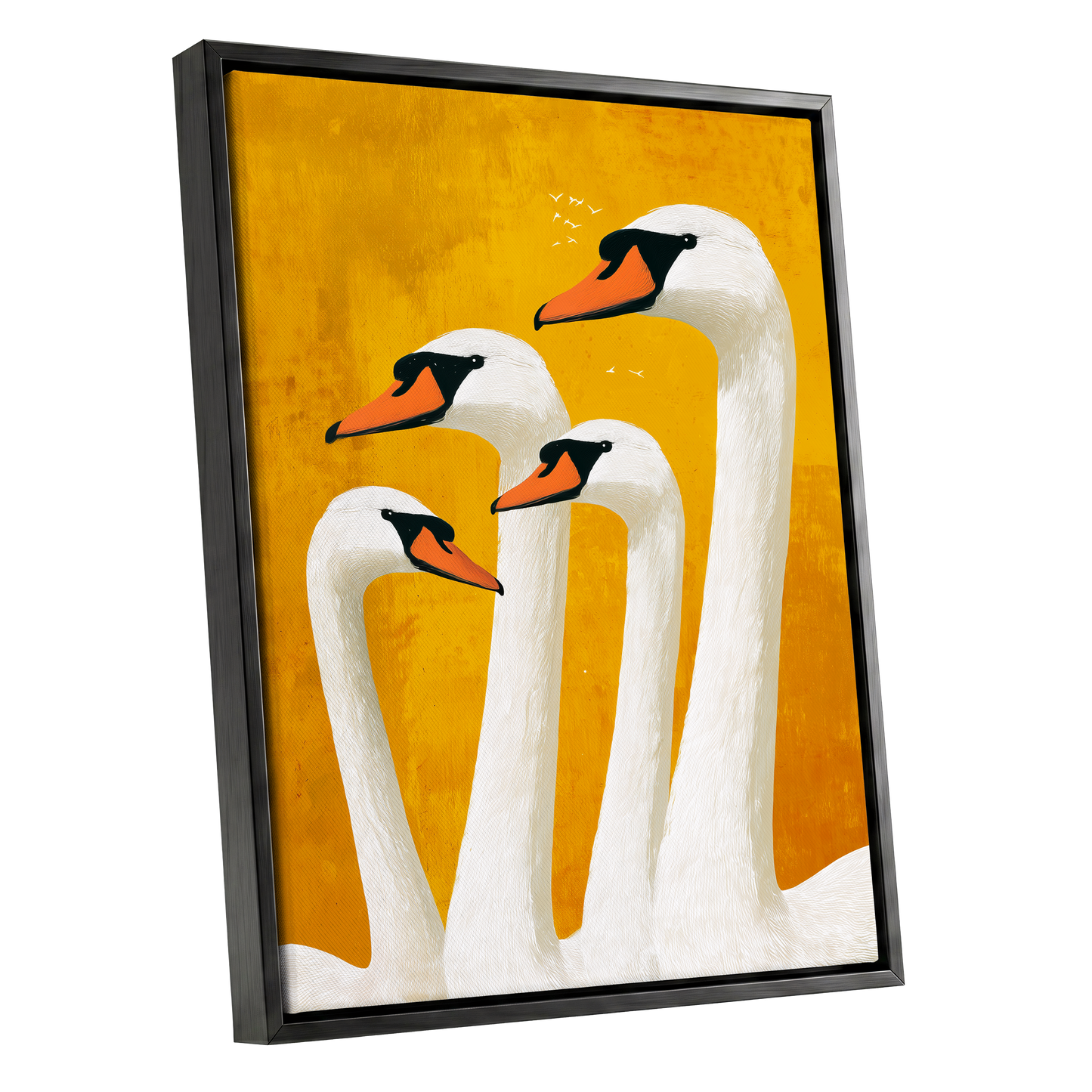 Golden Swan Gathering, gold, white, orange nature wall art shown as a black framed canvas wall art