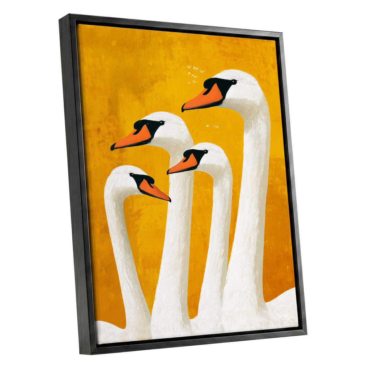 Golden Swan Gathering, gold, white, orange nature wall art shown as a black framed canvas wall art