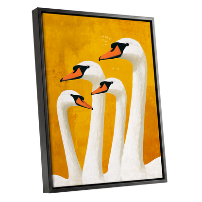Golden Swan Gathering, gold, white, orange nature wall art shown as a black framed canvas wall art