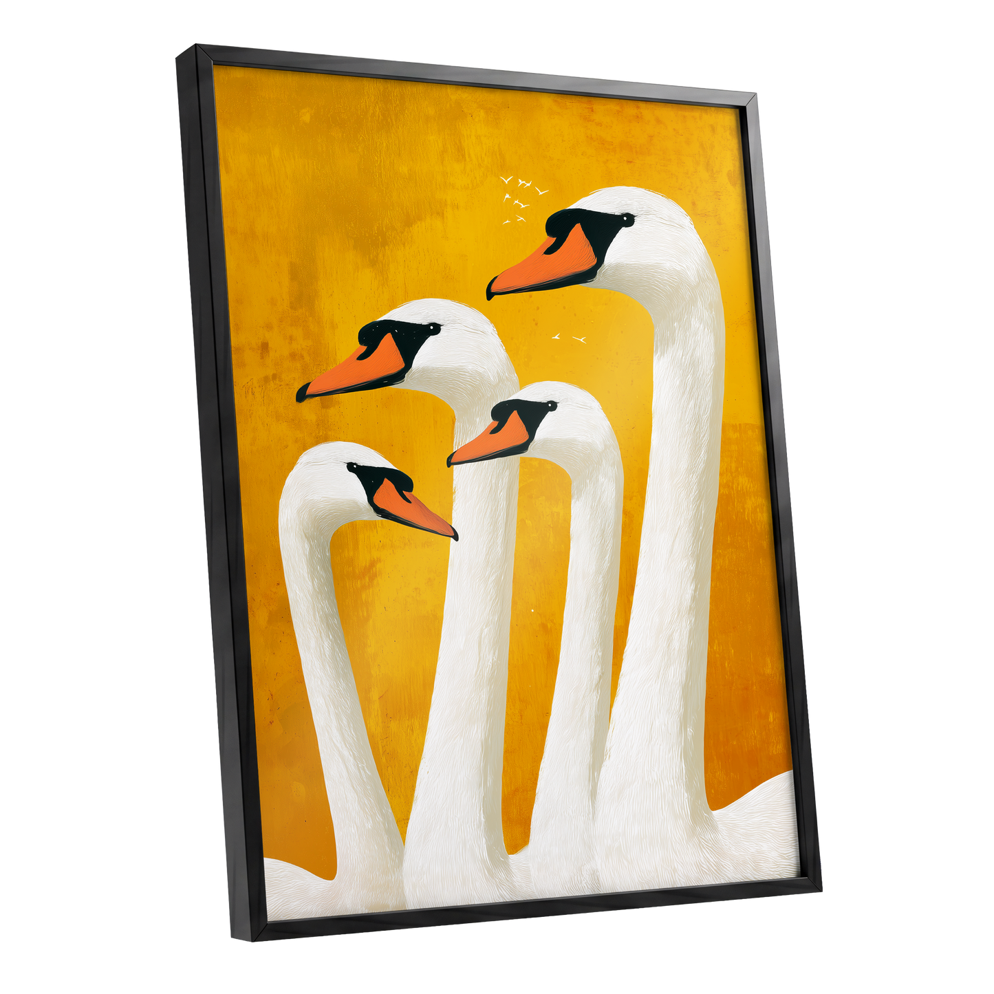 Golden Swan Gathering, gold, white, orange nature wall art shown as a black framed poster wall art print