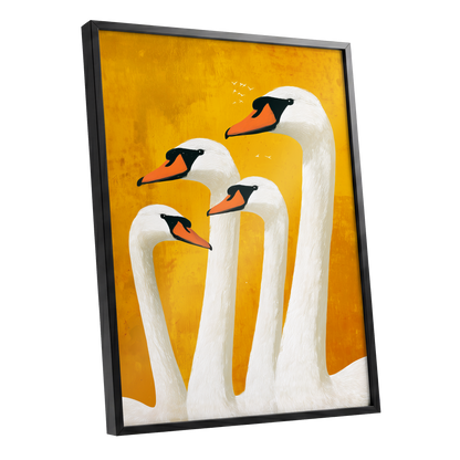 Golden Swan Gathering, gold, white, orange nature wall art shown as a black framed poster wall art print