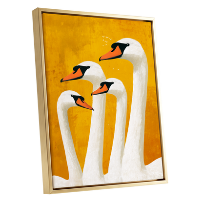 Golden Swan Gathering, gold, white, orange nature wall art shown as a gold framed canvas wall art