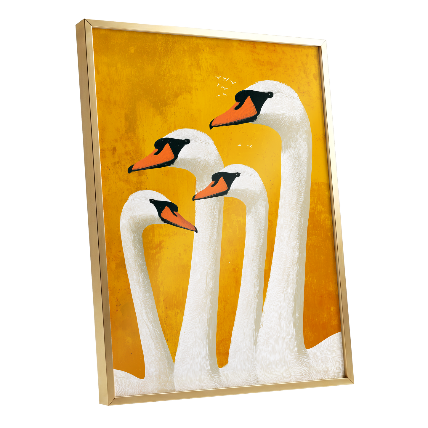 Golden Swan Gathering, gold, white, orange nature wall art shown as a gold framed poster wall art print
