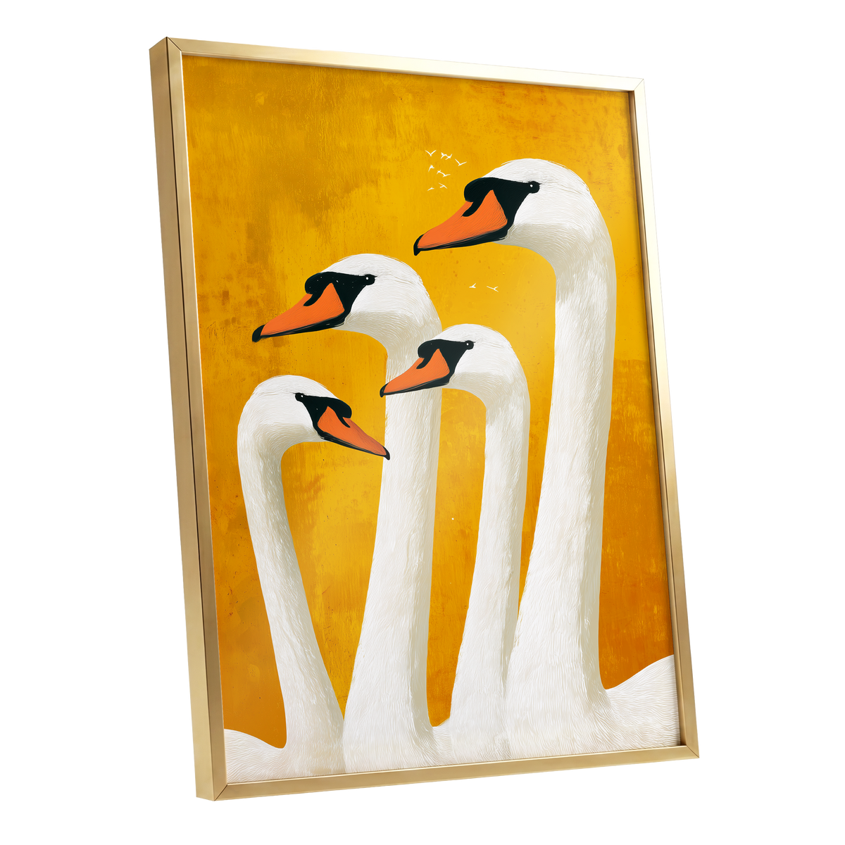 Golden Swan Gathering, gold, white, orange nature wall art shown as a gold framed poster wall art print