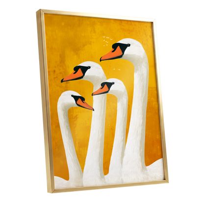 Golden Swan Gathering, gold, white, orange nature wall art shown as a gold framed poster wall art print