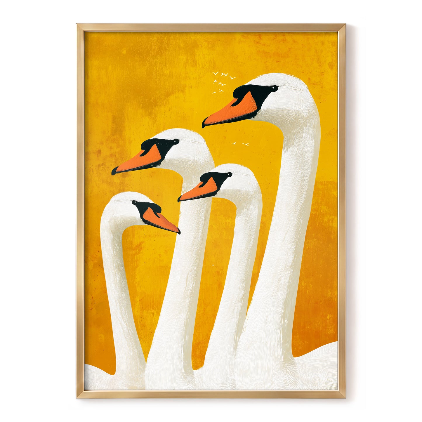 Golden Swan Gathering, gold, white, orange nature wall art, front artwork view