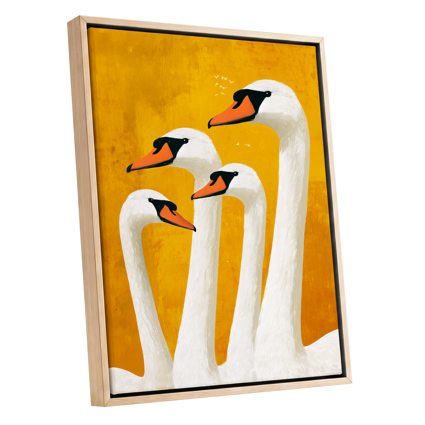 Golden Swan Gathering, gold, white, orange nature wall art shown as a oak framed canvas wall art