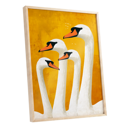 Golden Swan Gathering, gold, white, orange nature wall art shown as a oak framed poster wall art print