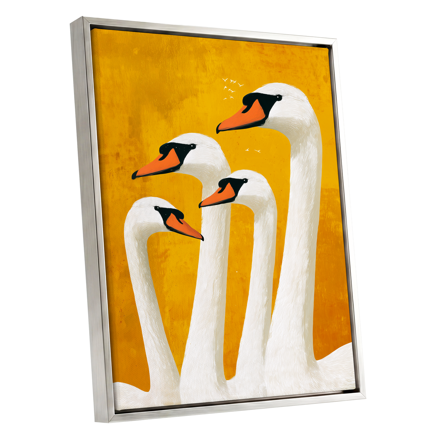 Golden Swan Gathering, gold, white, orange nature wall art shown as a silver framed canvas wall art