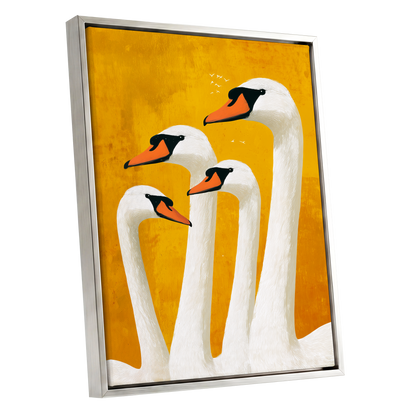 Golden Swan Gathering, gold, white, orange nature wall art shown as a silver framed canvas wall art