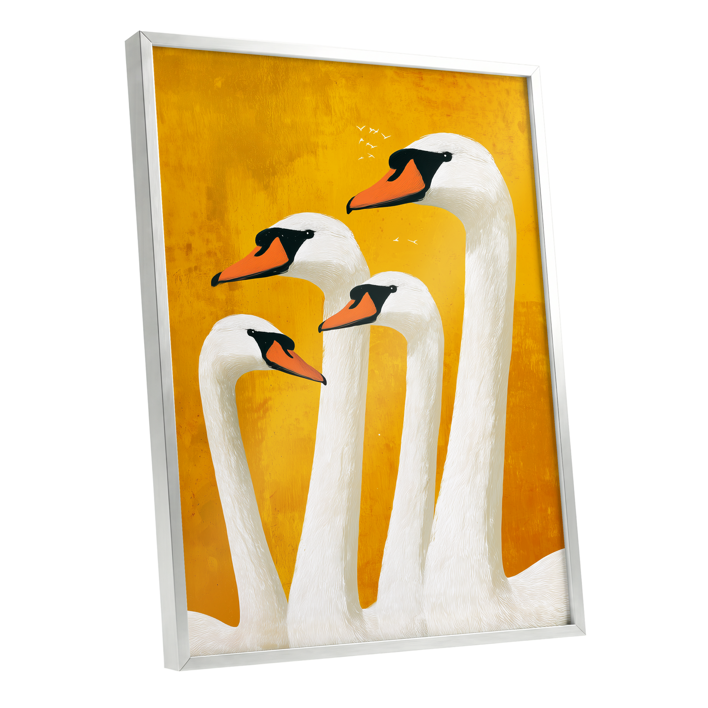 Golden Swan Gathering, gold, white, orange nature wall art shown as a silver framed poster wall art print