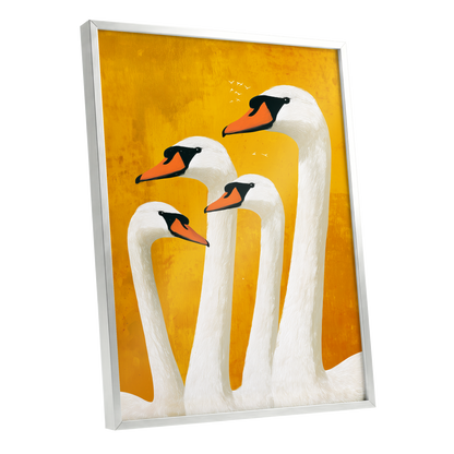 Golden Swan Gathering, gold, white, orange nature wall art shown as a silver framed poster wall art print