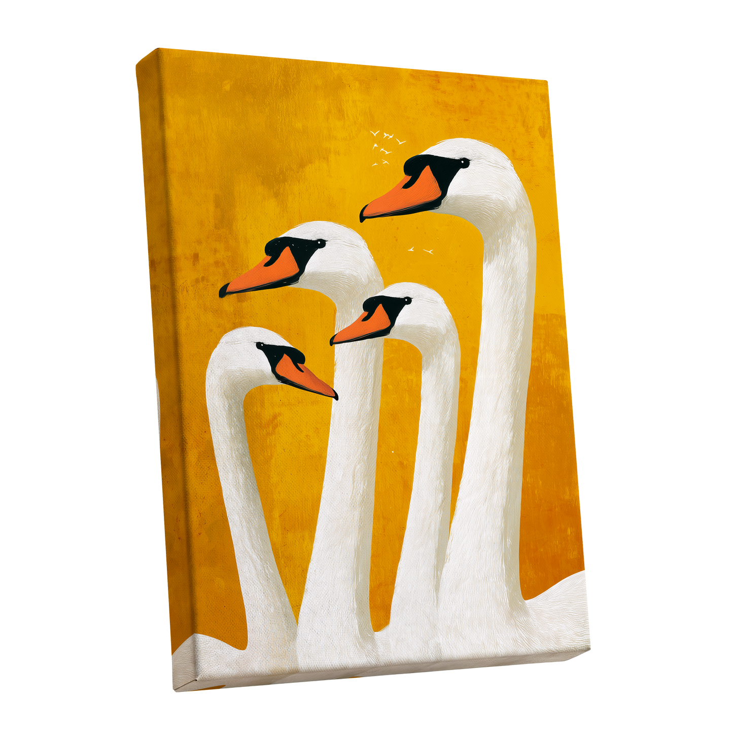 Golden Swan Gathering, gold, white, orange nature wall art shown as a stretched canvas wall art