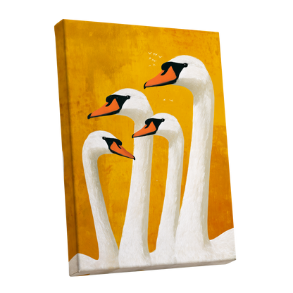 Golden Swan Gathering, gold, white, orange nature wall art shown as a stretched canvas wall art