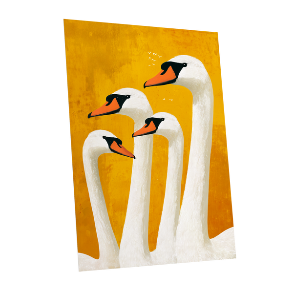 Golden Swan Gathering, gold, white, orange nature wall art shown as a unframed poster wall art print