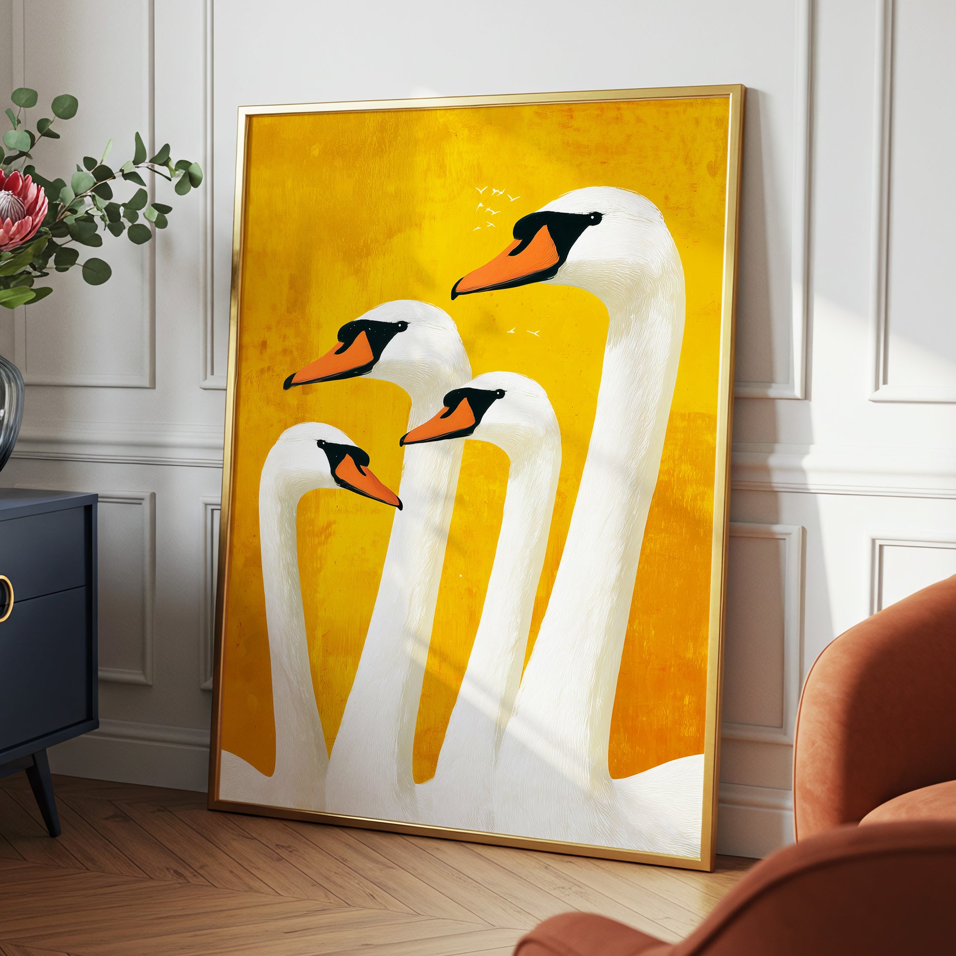 Golden Swan Gathering, gold, white, orange nature wall art displayed in a styled interior, gallery view 2