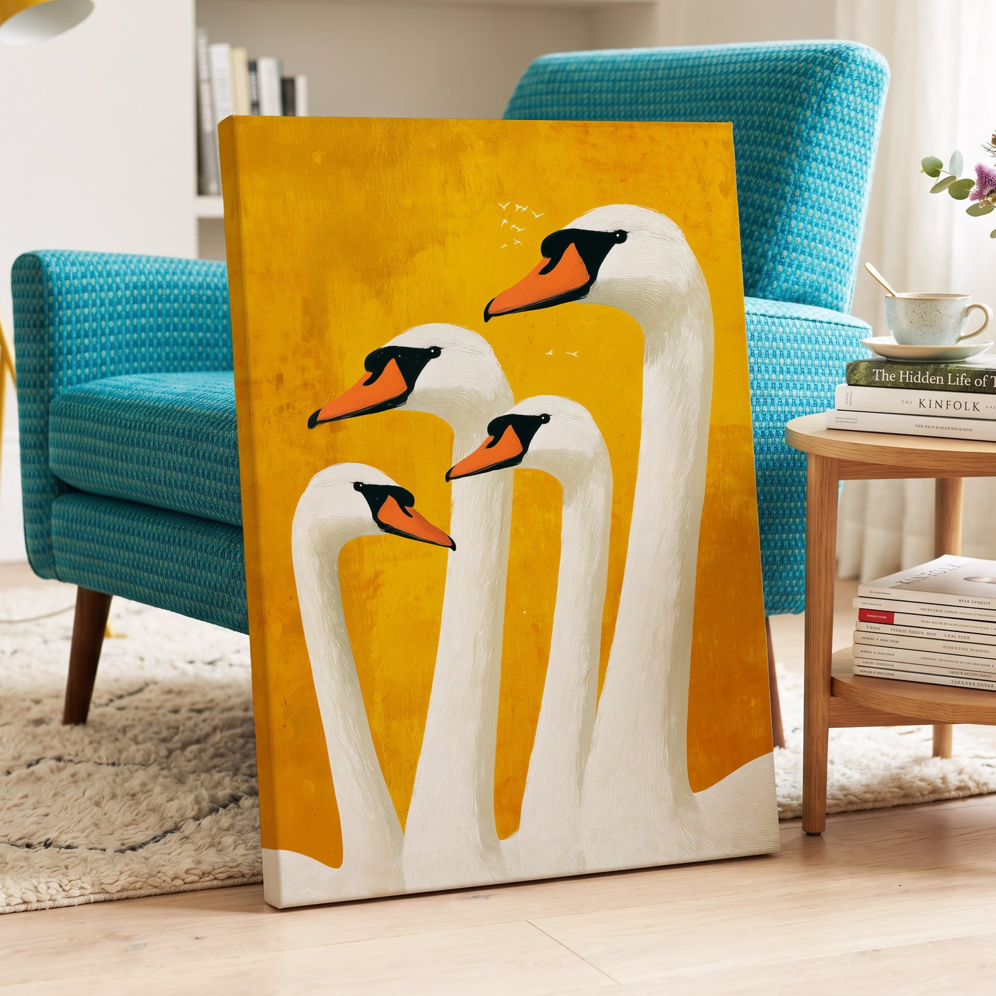 Golden Swan Gathering, gold, white, orange nature wall art displayed in a styled interior, gallery view 3