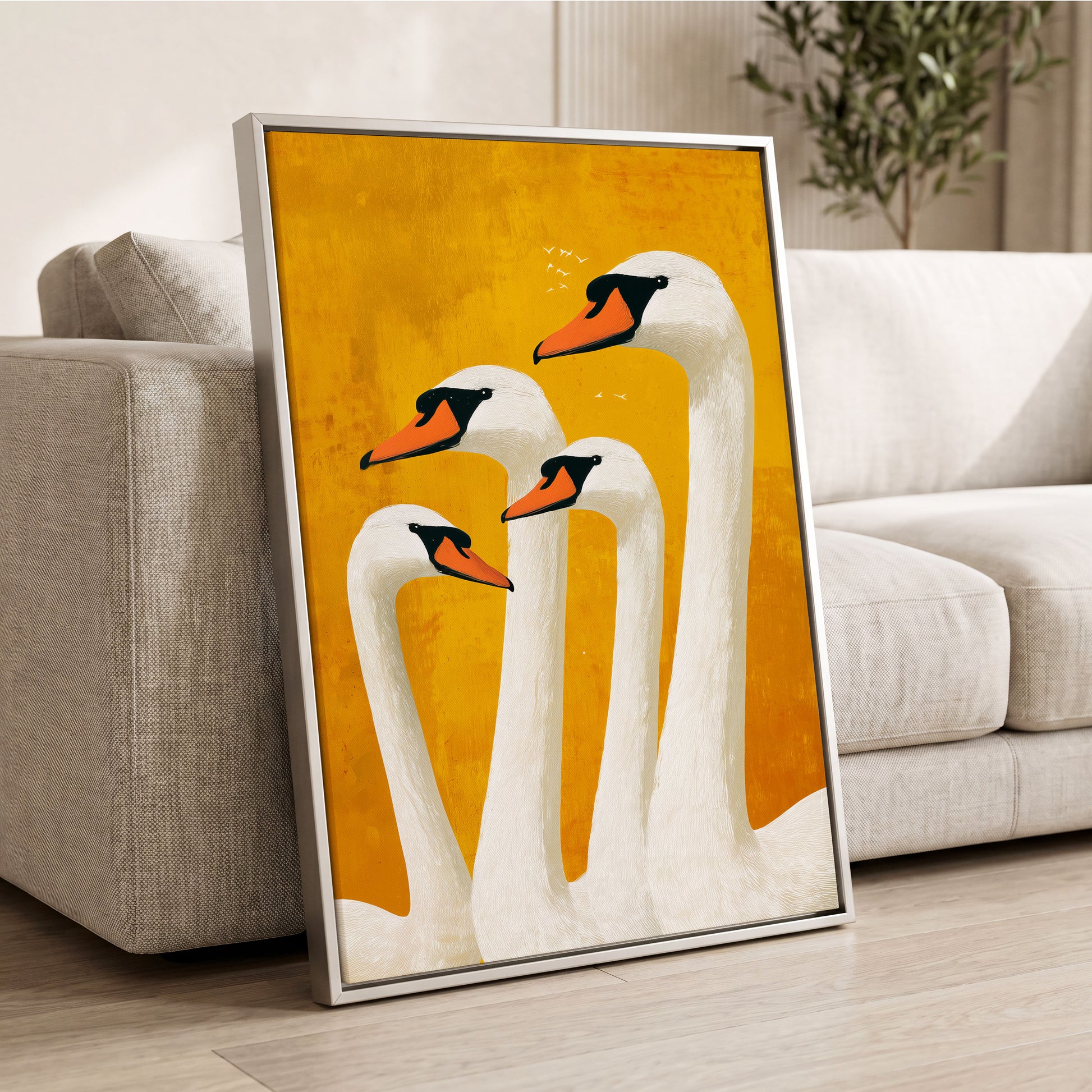 Golden Swan Gathering, gold, white, orange nature wall art displayed in a styled interior, gallery view 4