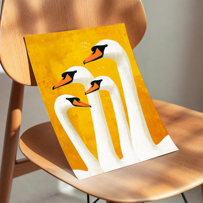 Golden Swan Gathering, gold, white, orange nature wall art displayed in a styled interior, gallery view 5