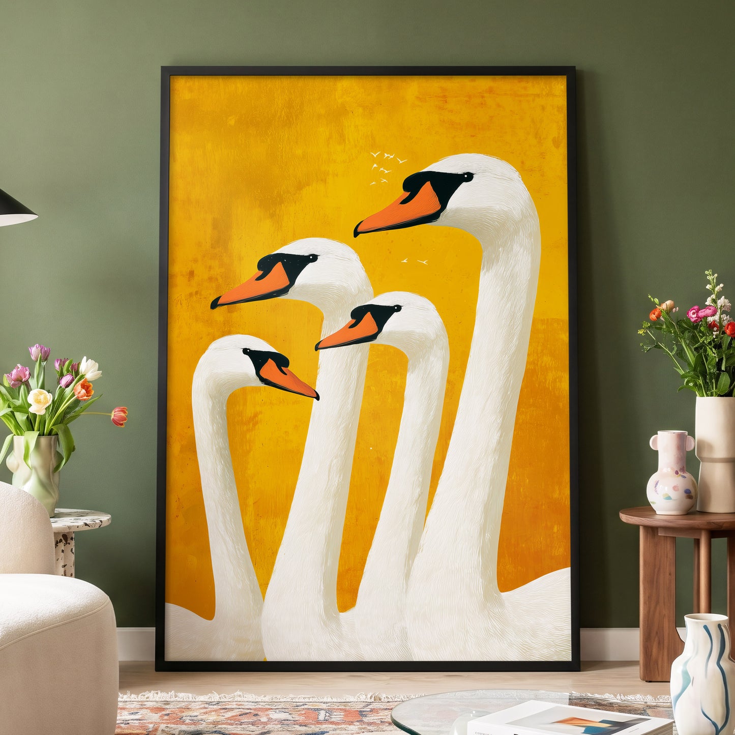 Golden Swan Gathering, gold, white, orange nature wall art displayed in a styled interior, gallery view 6