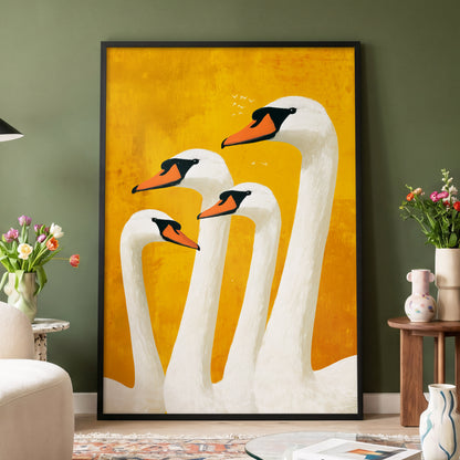 Golden Swan Gathering, gold, white, orange nature wall art displayed in a styled interior, gallery view 6