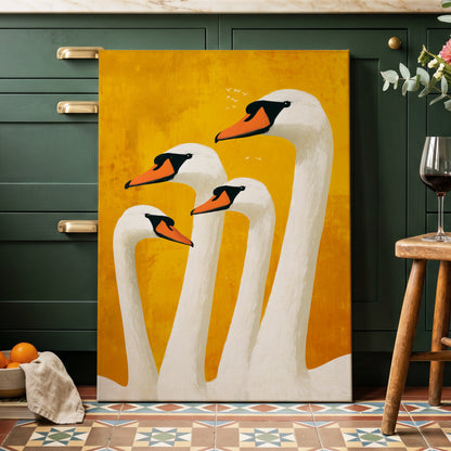 Golden Swan Gathering, gold, white, orange nature wall art displayed in a styled interior, gallery view 7