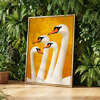 Golden Swan Gathering, gold, white, orange nature wall art displayed in a styled interior, gallery view 8