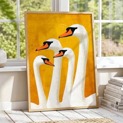 Golden Swan Gathering, gold, white, orange nature wall art displayed in a styled interior, gallery view 9