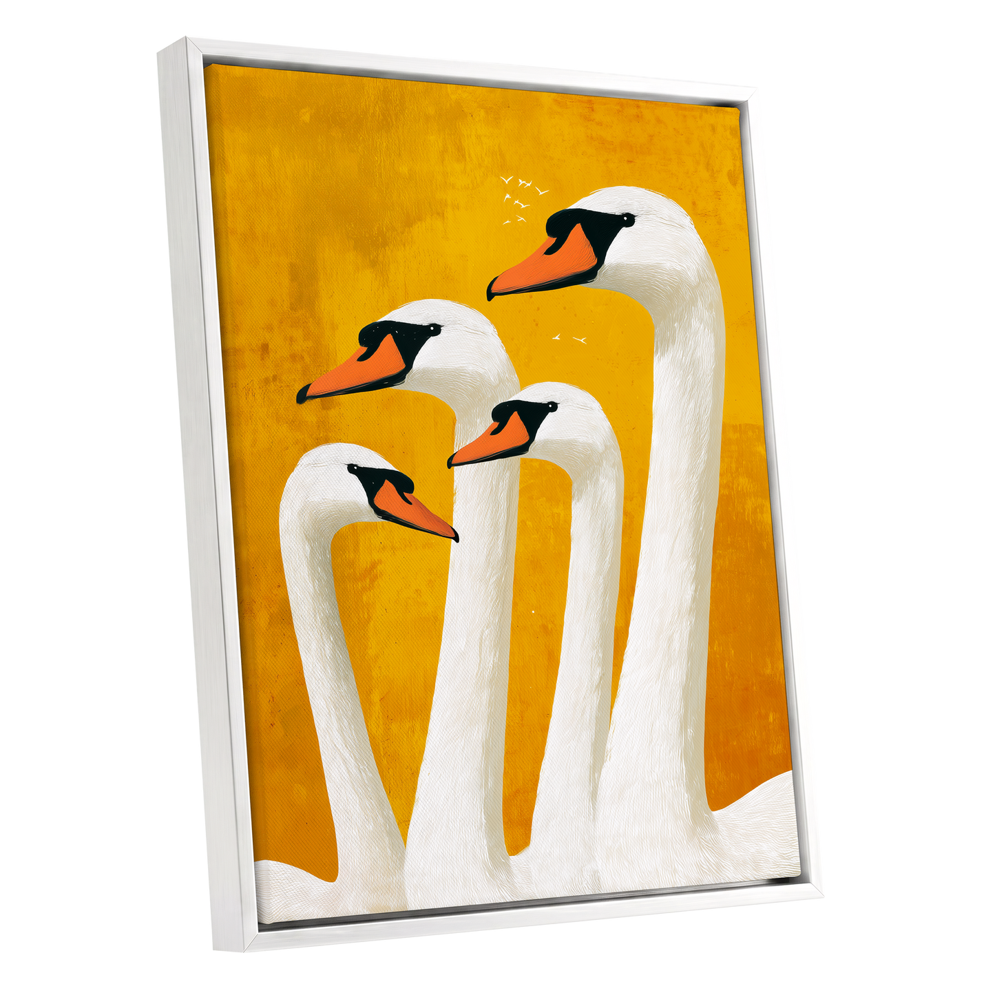 Golden Swan Gathering, gold, white, orange nature wall art shown as a white framed canvas wall art