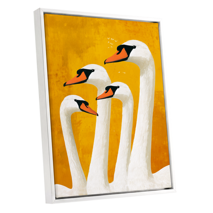 Golden Swan Gathering, gold, white, orange nature wall art shown as a white framed canvas wall art