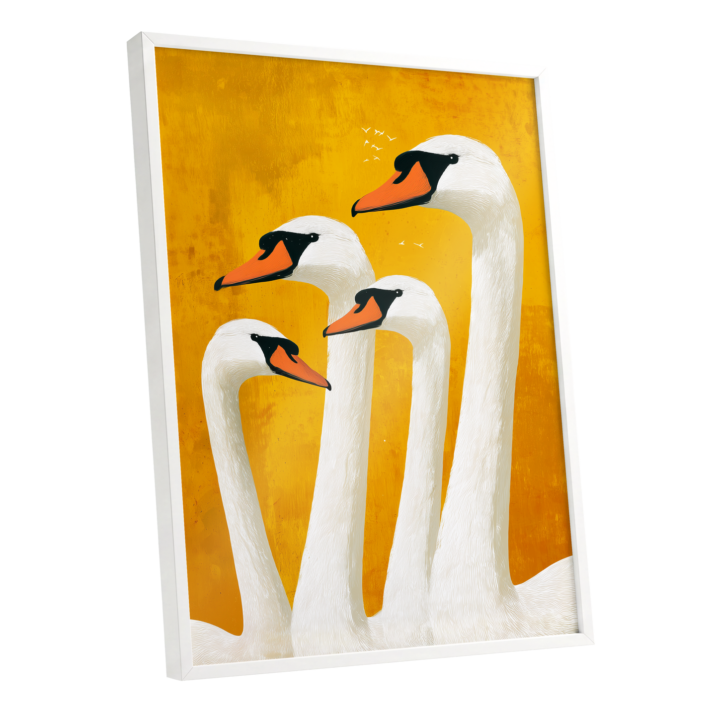 Golden Swan Gathering, gold, white, orange nature wall art shown as a white framed poster wall art print