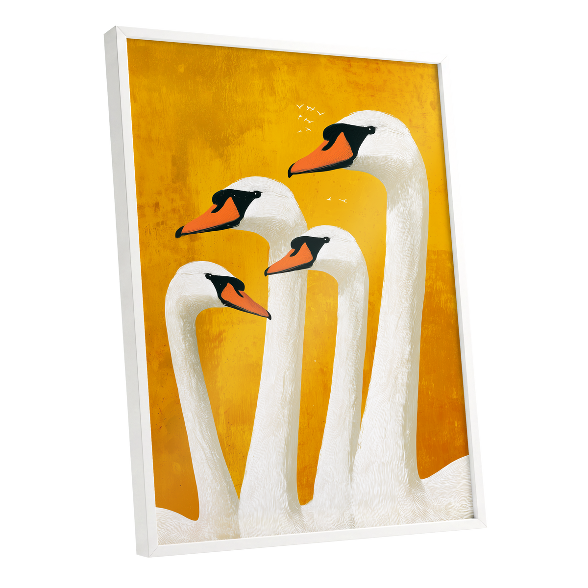 Golden Swan Gathering, gold, white, orange nature wall art shown as a white framed poster wall art print