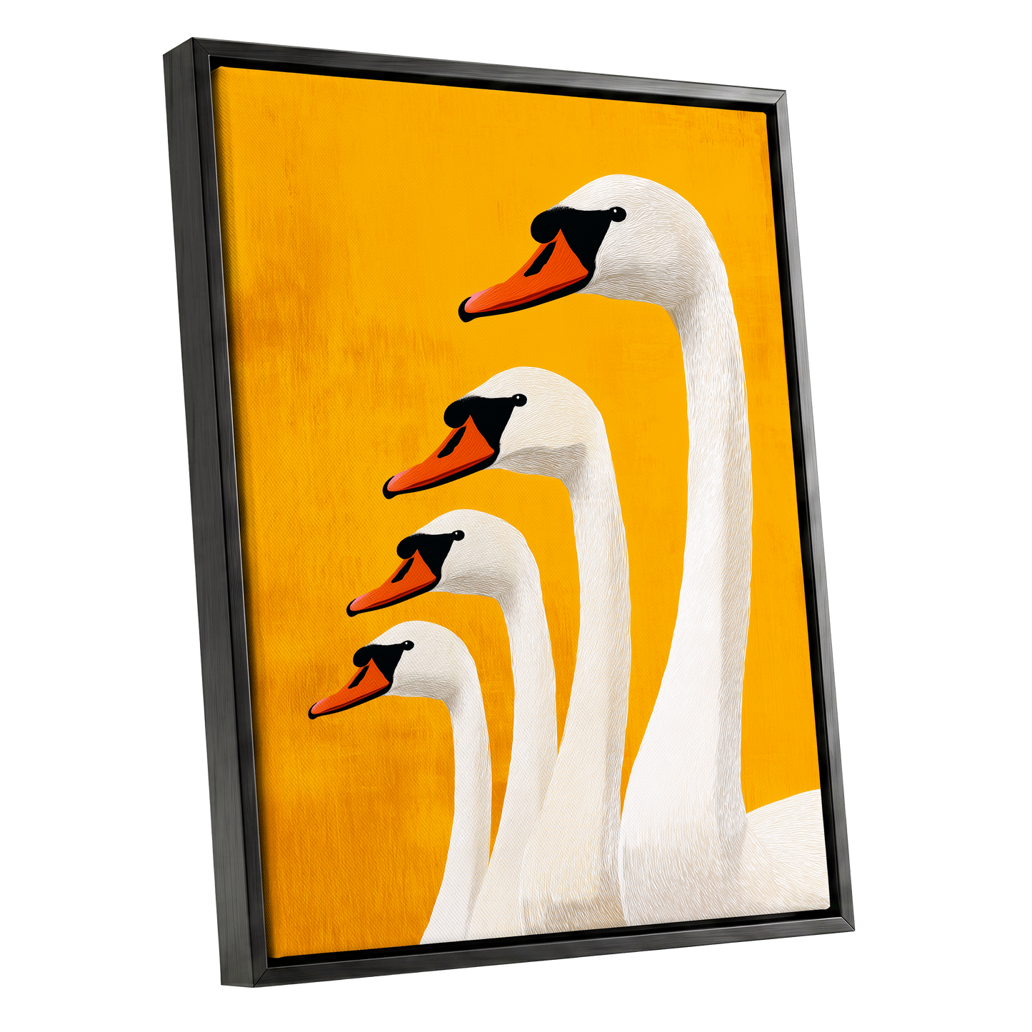 Golden Swan Procession, gold, orange, white nature wall art shown as a black framed canvas wall art