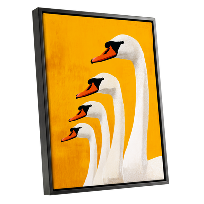 Golden Swan Procession, gold, orange, white nature wall art shown as a black framed canvas wall art