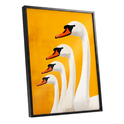 Golden Swan Procession, gold, orange, white nature wall art shown as a black framed poster wall art print