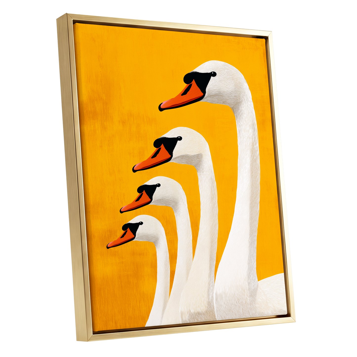 Golden Swan Procession, gold, orange, white nature wall art shown as a gold framed canvas wall art