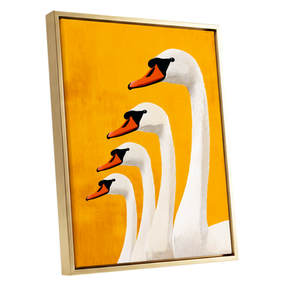 Golden Swan Procession, gold, orange, white nature wall art shown as a gold framed canvas wall art