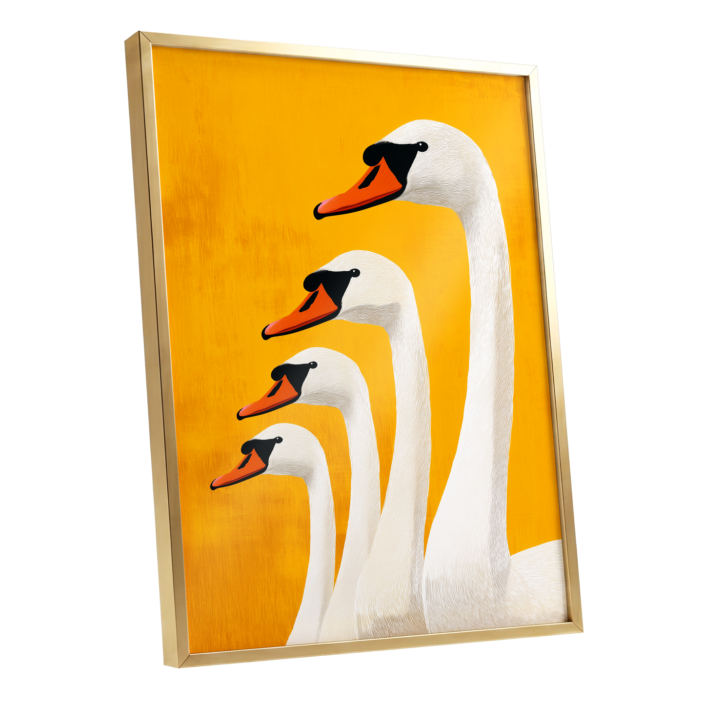 Golden Swan Procession, gold, orange, white nature wall art shown as a gold framed poster wall art print
