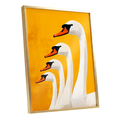 Golden Swan Procession, gold, orange, white nature wall art shown as a gold framed poster wall art print
