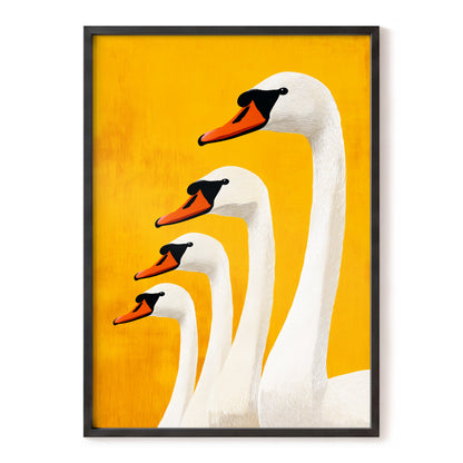 Golden Swan Procession, gold, orange, white nature wall art, front artwork view