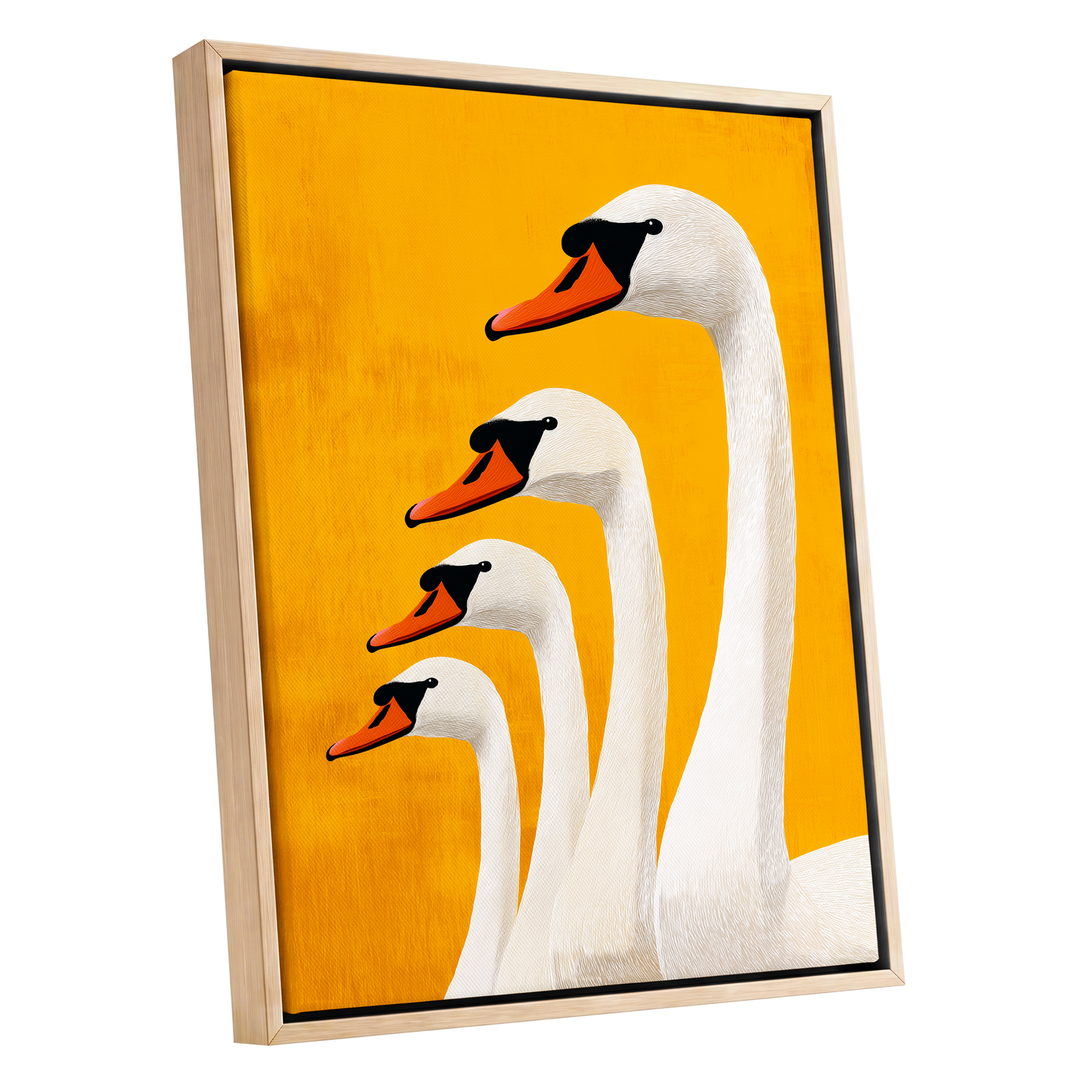 Golden Swan Procession, gold, orange, white nature wall art shown as a oak framed canvas wall art