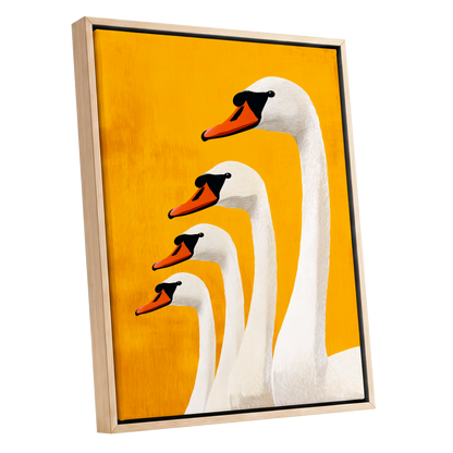 Golden Swan Procession, gold, orange, white nature wall art shown as a oak framed canvas wall art
