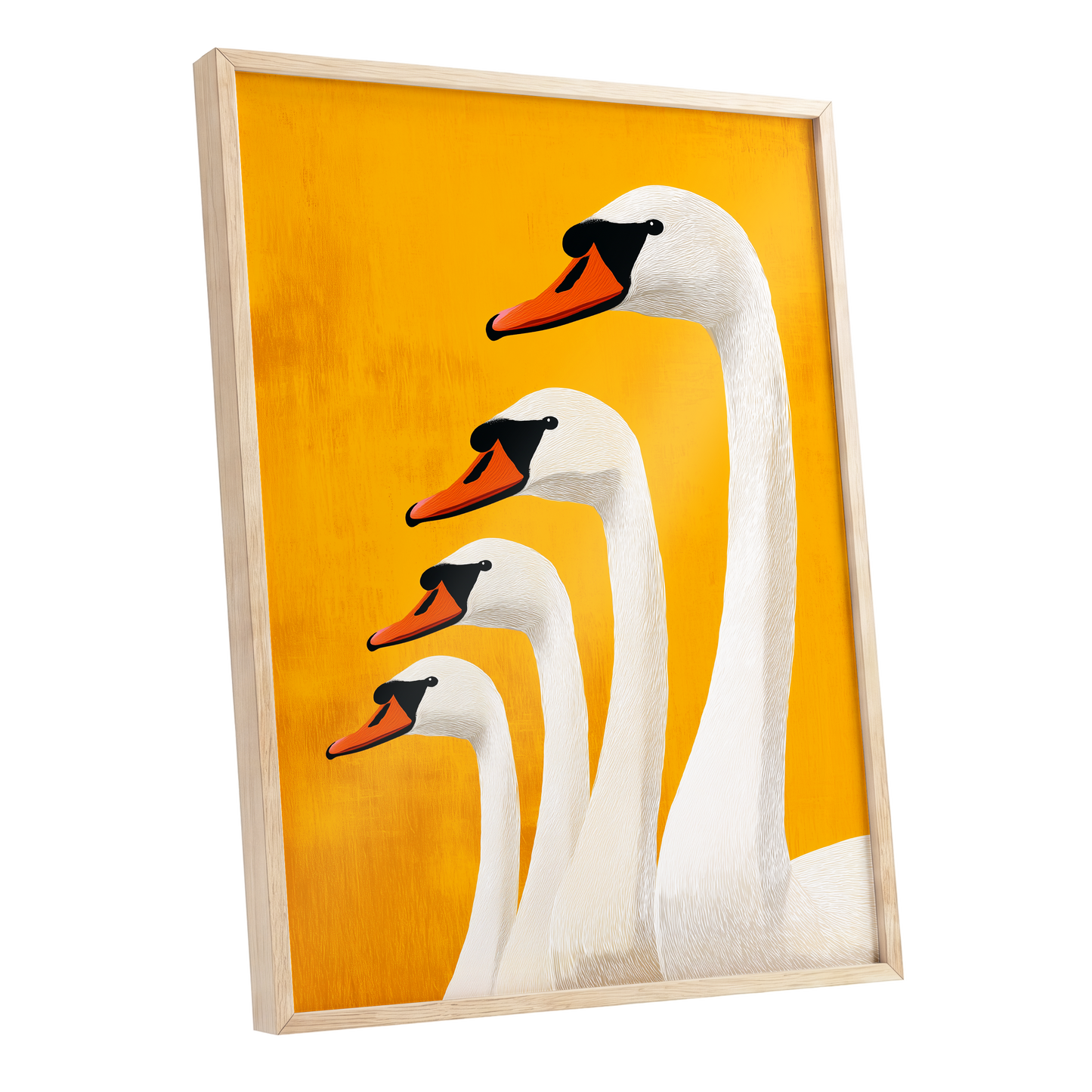 Golden Swan Procession, gold, orange, white nature wall art shown as a oak framed poster wall art print