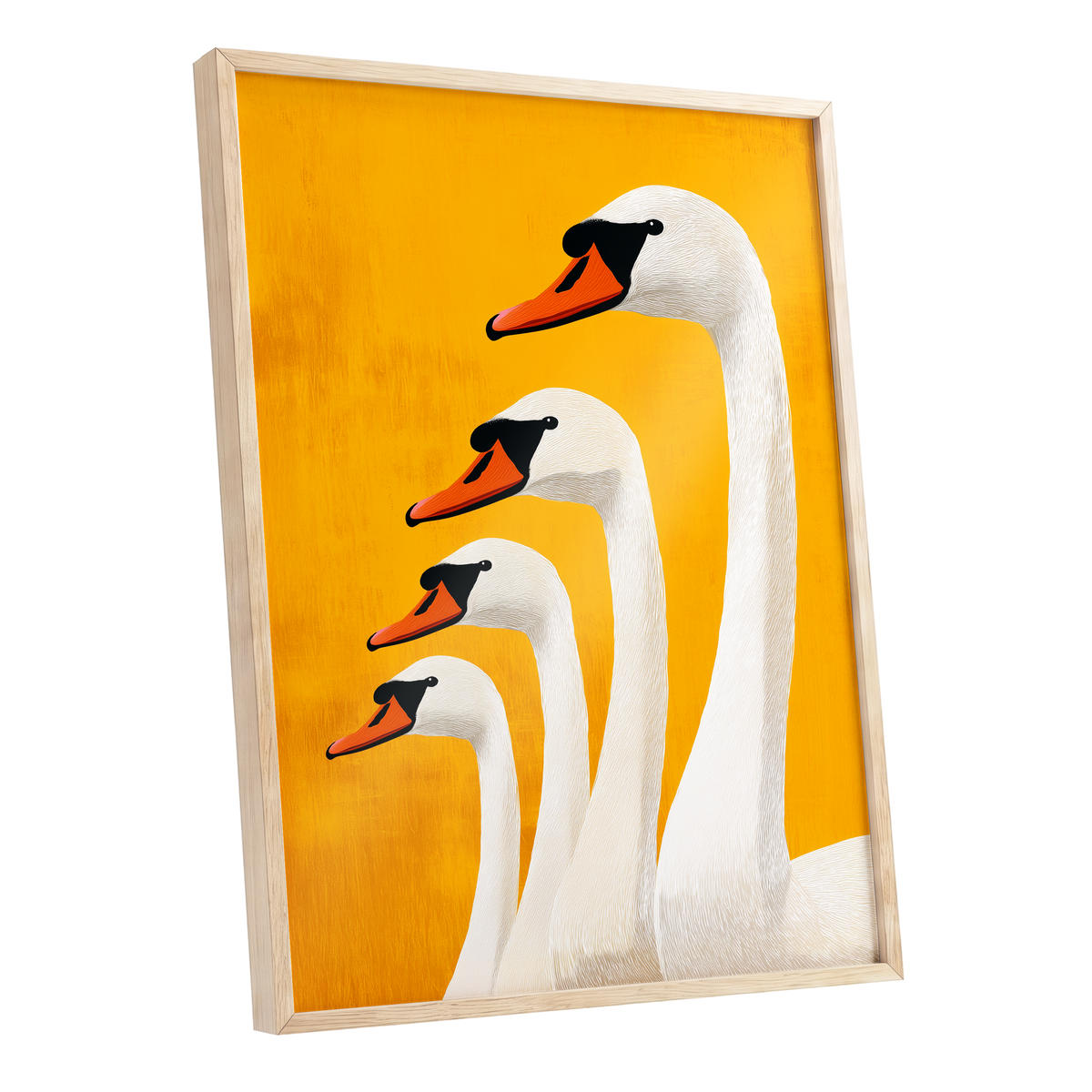 Golden Swan Procession, gold, orange, white nature wall art shown as a oak framed poster wall art print