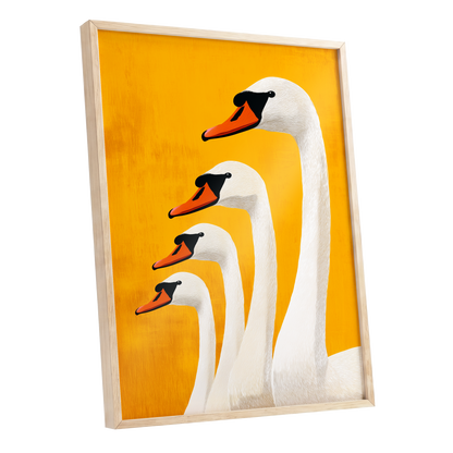 Golden Swan Procession, gold, orange, white nature wall art shown as a oak framed poster wall art print